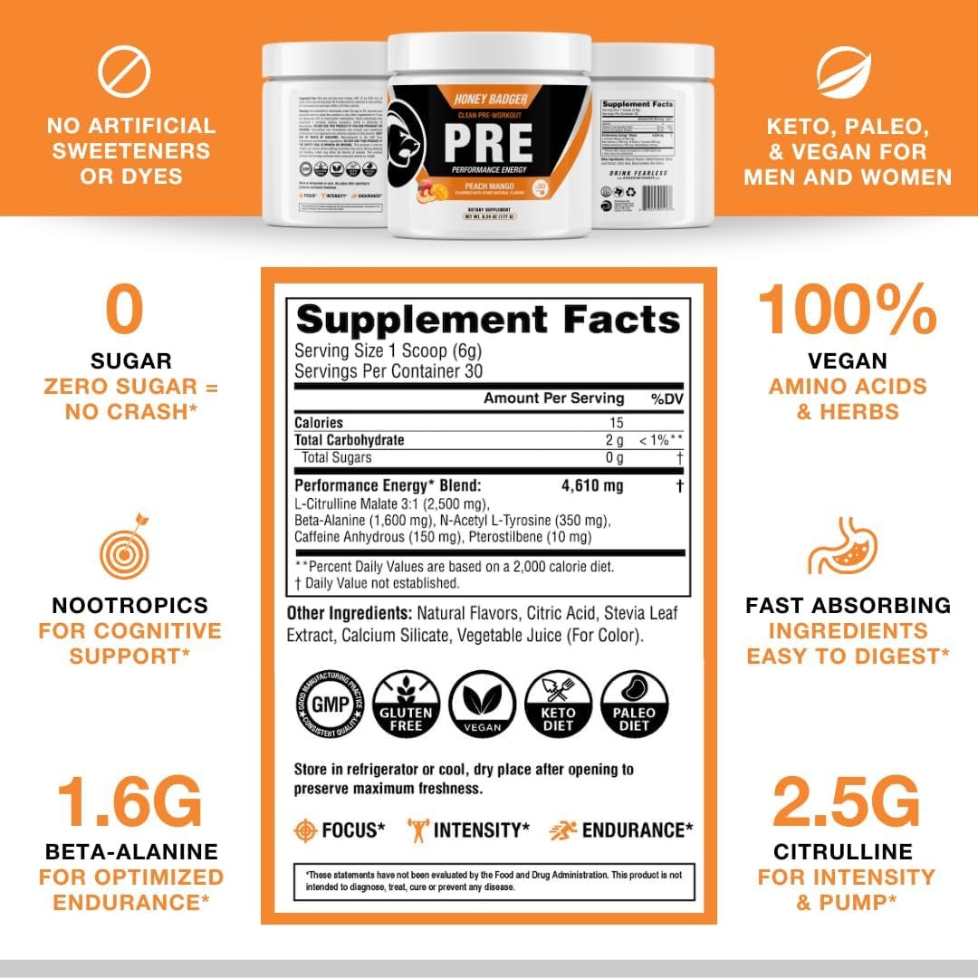 Natural Pre Workout Powder Peach Mango Energy Booster
