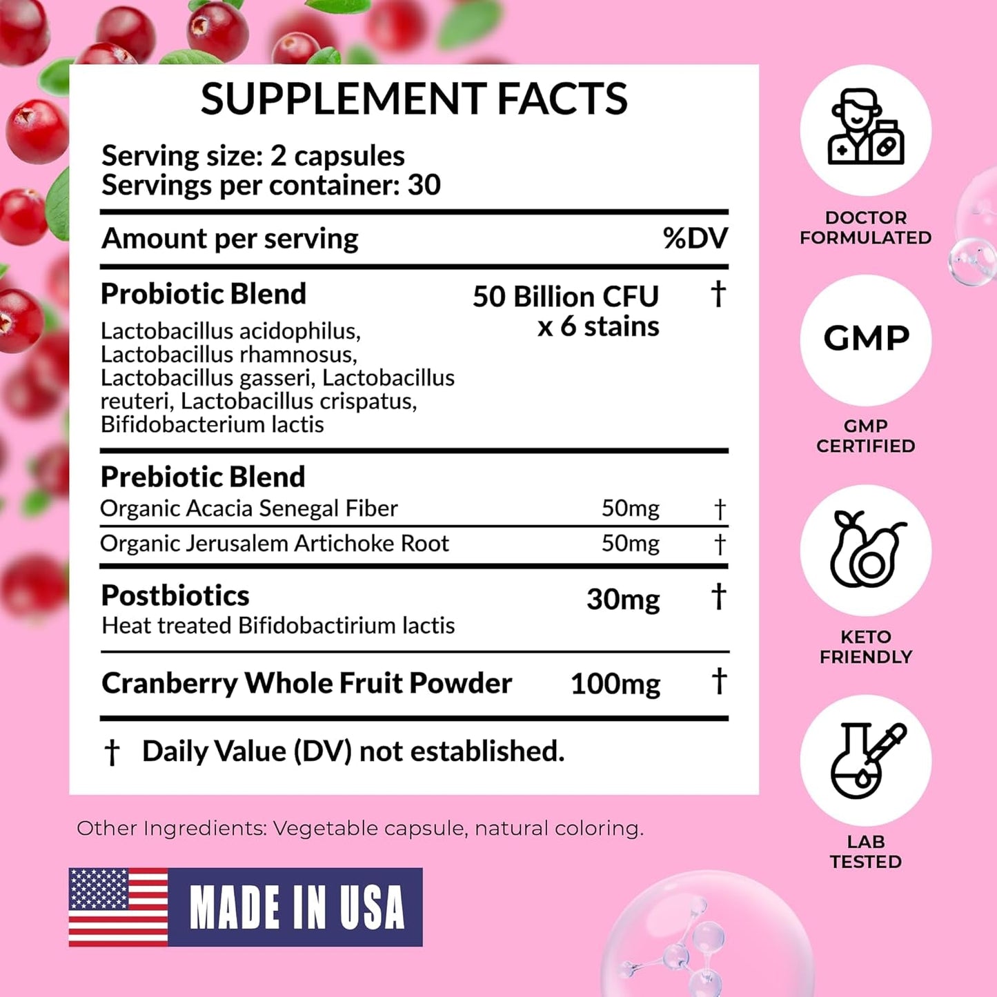 Natural Vaginal Health Probiotics 50B CFU + Cranberry