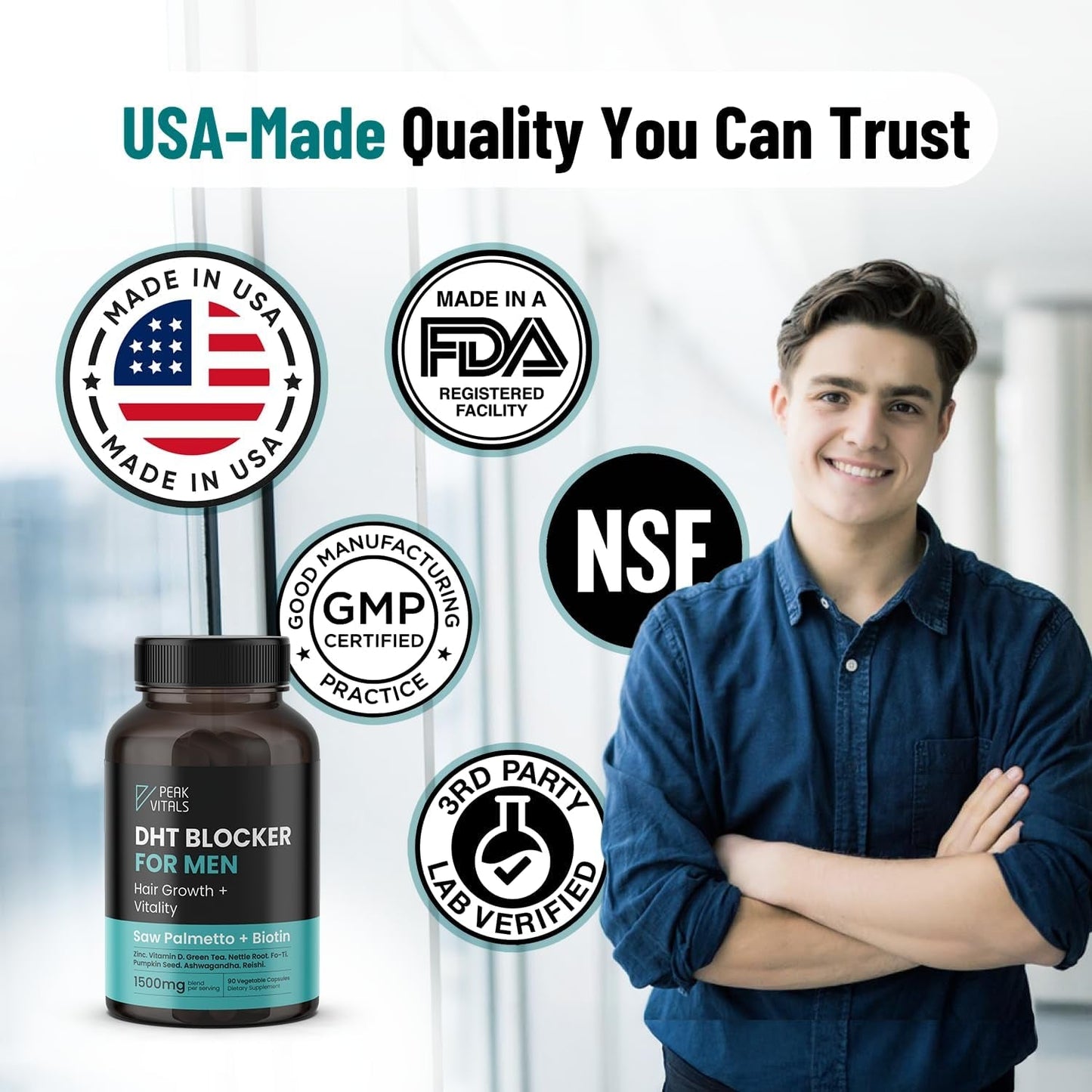 Natural Hair Growth Supplement for Men - 90 Capsules