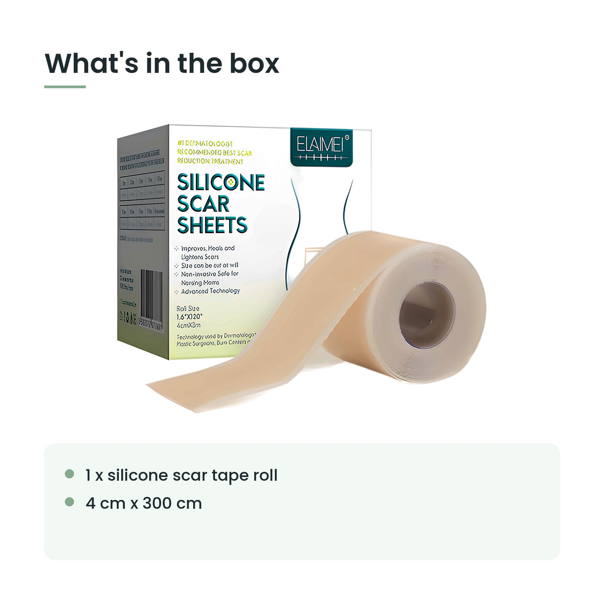 What's in the box: 1 x silicone scar tape roll, 4 cm x 300 cm