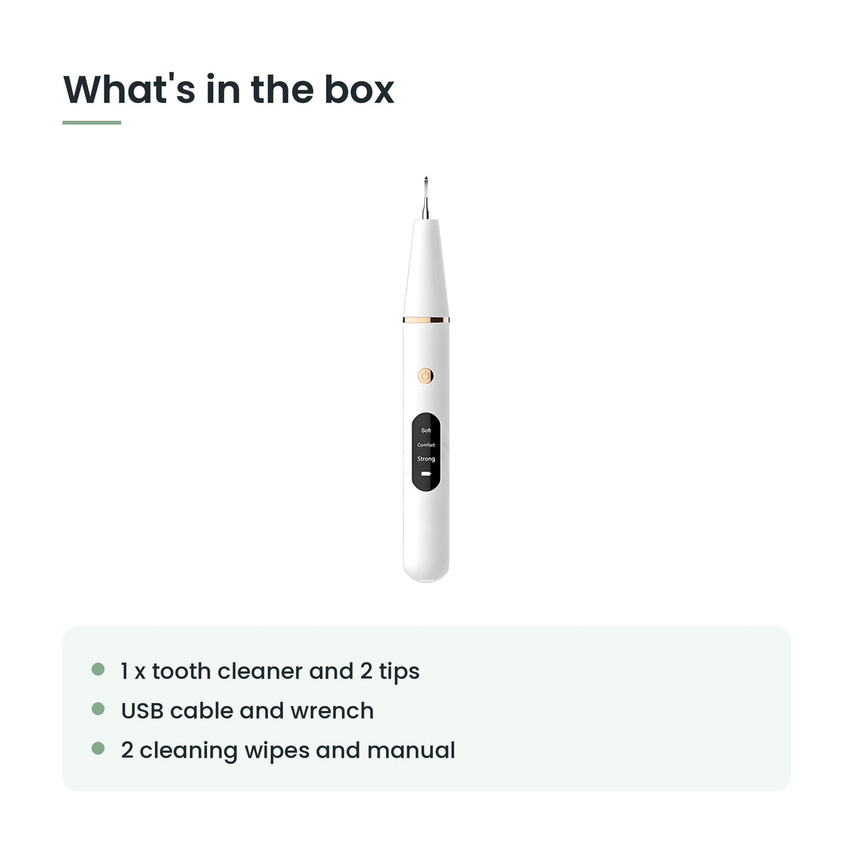 What's in the box: tooth cleaner, two tips, USB cable, wrench, wipes, manual