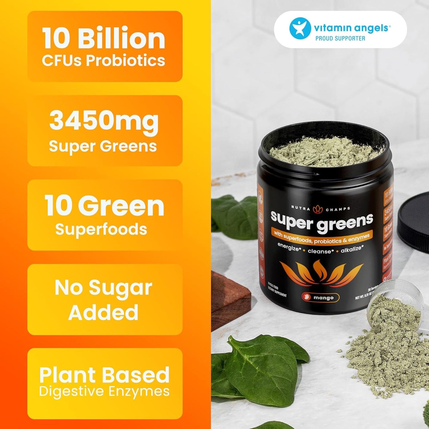 Green Food Supplement Powder with Probiotics and Mango Flavor