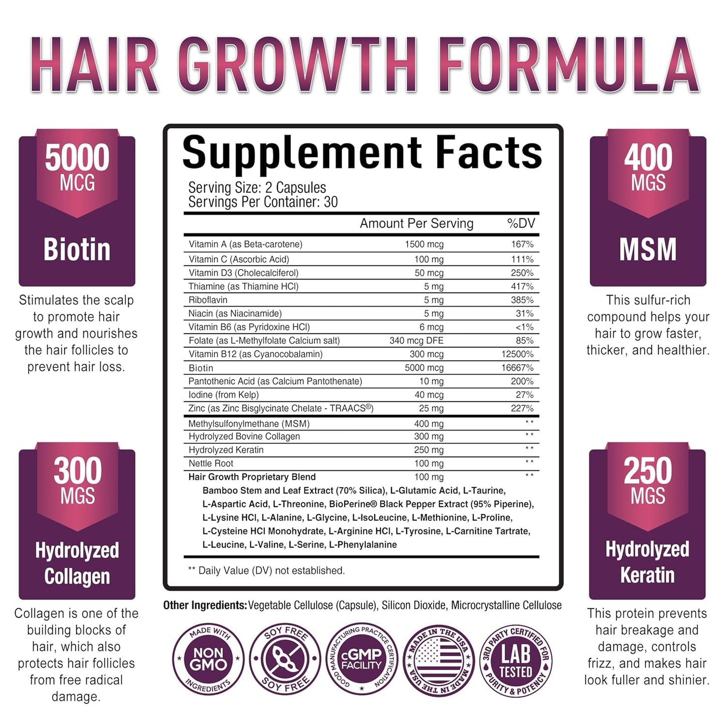 Natural Hair Growth Vitamins - Biotin and Collagen Supplement