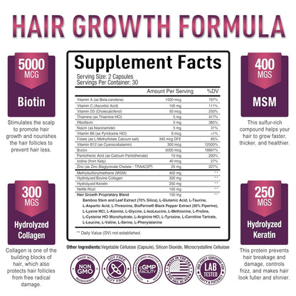 Natural Hair Growth Vitamins - Biotin and Collagen Supplement