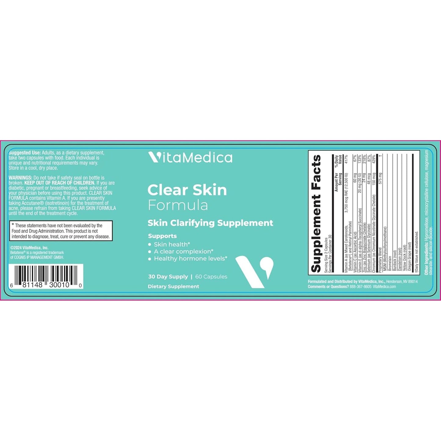 Natural Acne Relief Vitamins - 60 Vegan Capsules