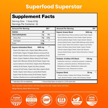 Green Food Supplement Powder with Probiotics and Mango Flavor