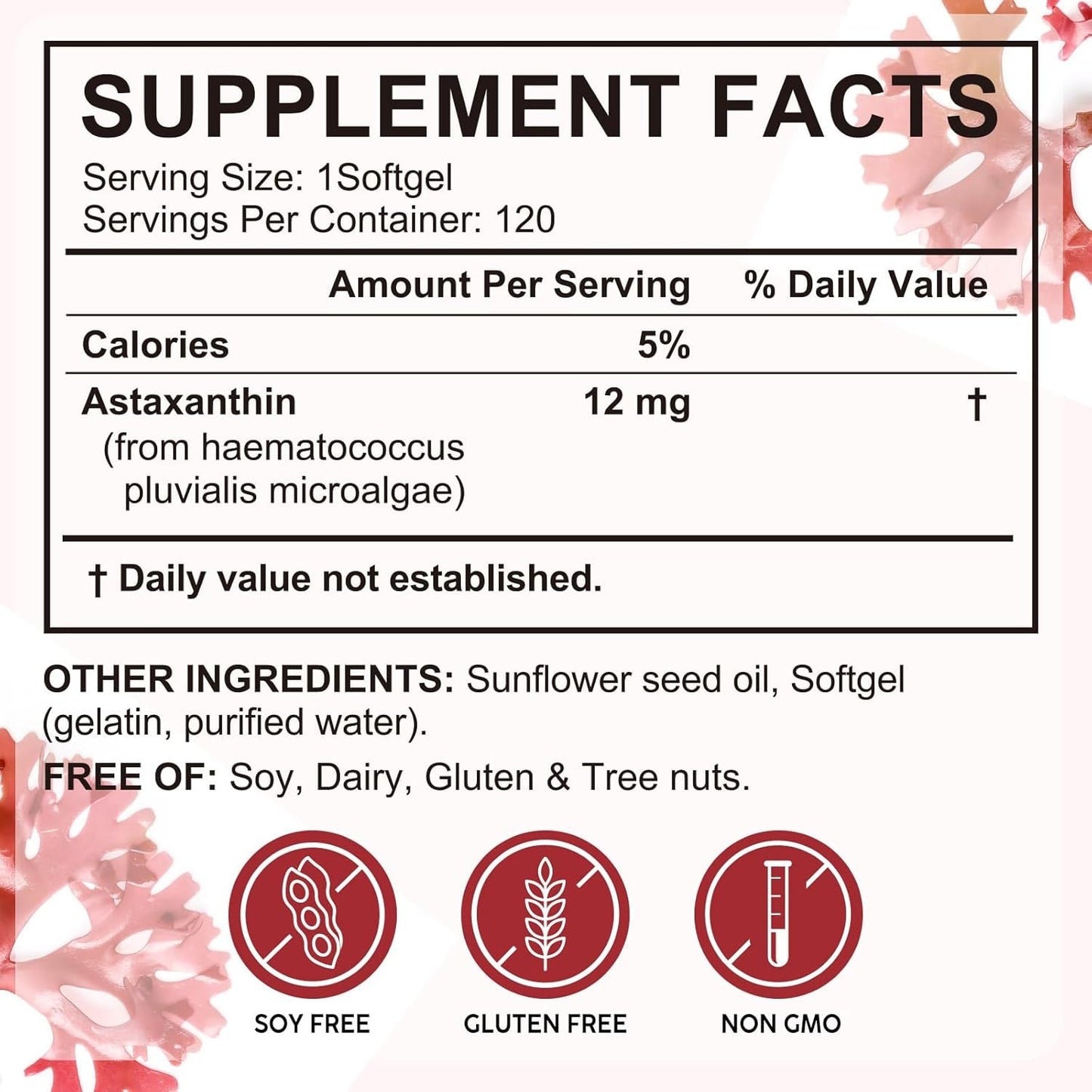 Natural Astaxanthin 12mg Softgels for Eyes and Skin