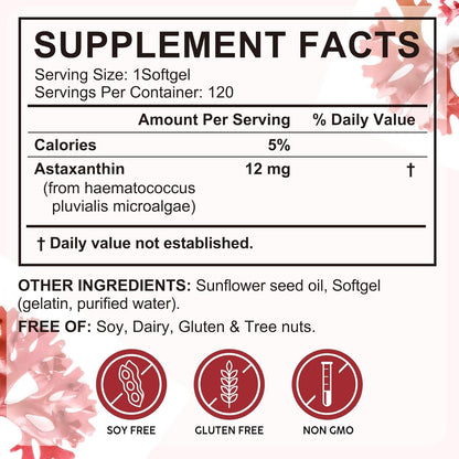 Natural Astaxanthin 12mg Softgels for Eyes and Skin