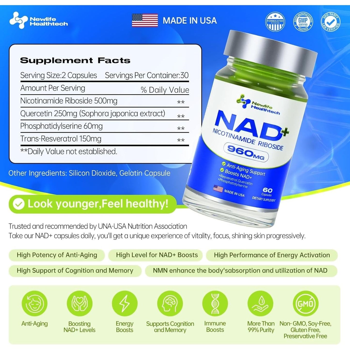 Powerful Anti Aging NAD+ Supplement - 60 Capsules