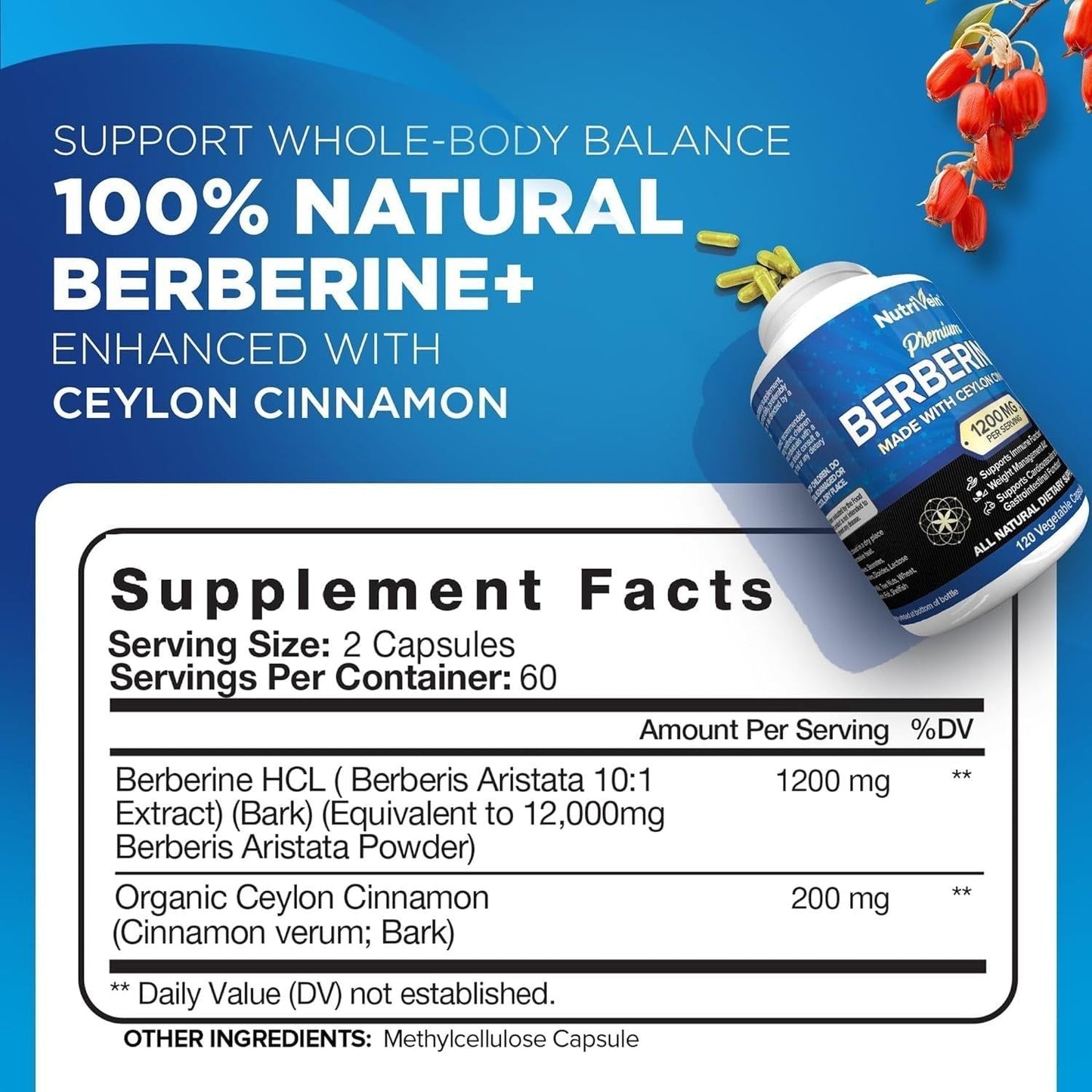 Natural Berberine 1200mg with Cinnamon - 120 Vegan Capsules