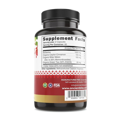 Natural Berberine HCL 1200mg with Cinnamon - 120 Capsules