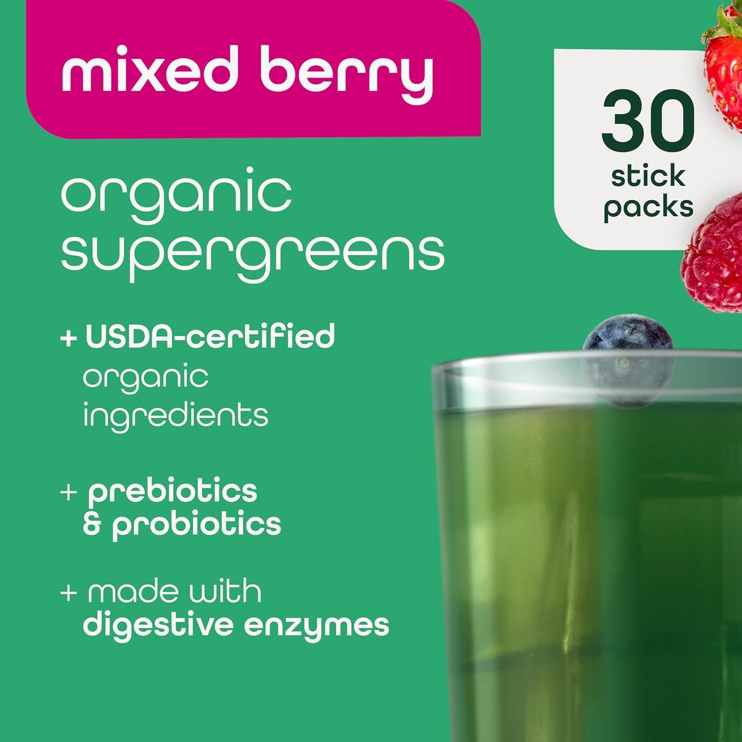 Green Food Supplement Powder - Berry Flavor, 30 Packs