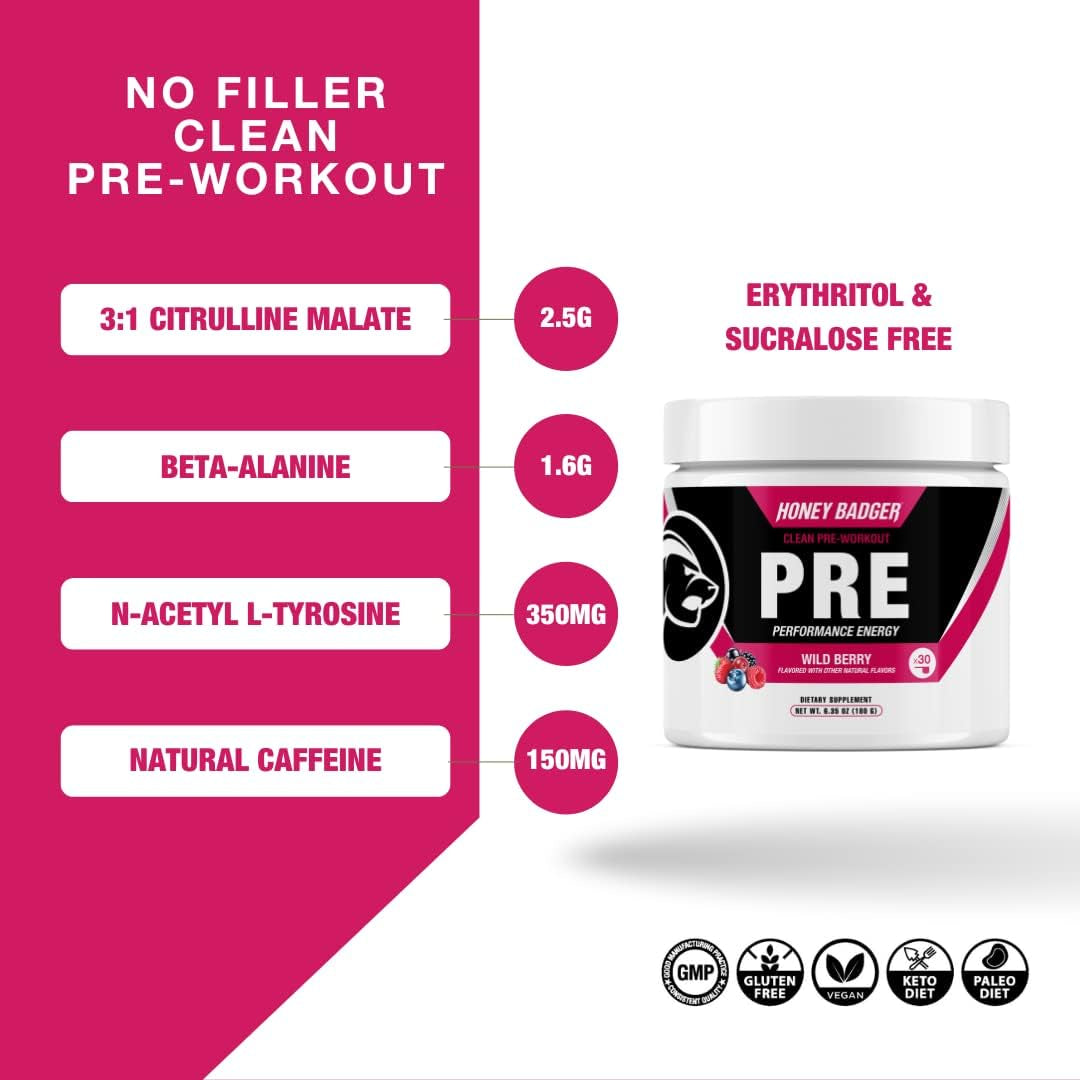 Natural Pre Workout Powder Wild Berry 180g Zero Sugar Booster