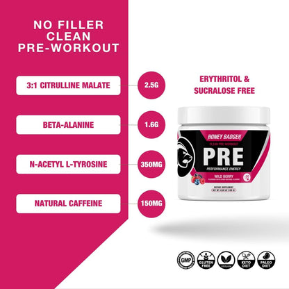 Natural Pre Workout Powder Wild Berry 180g Zero Sugar Booster