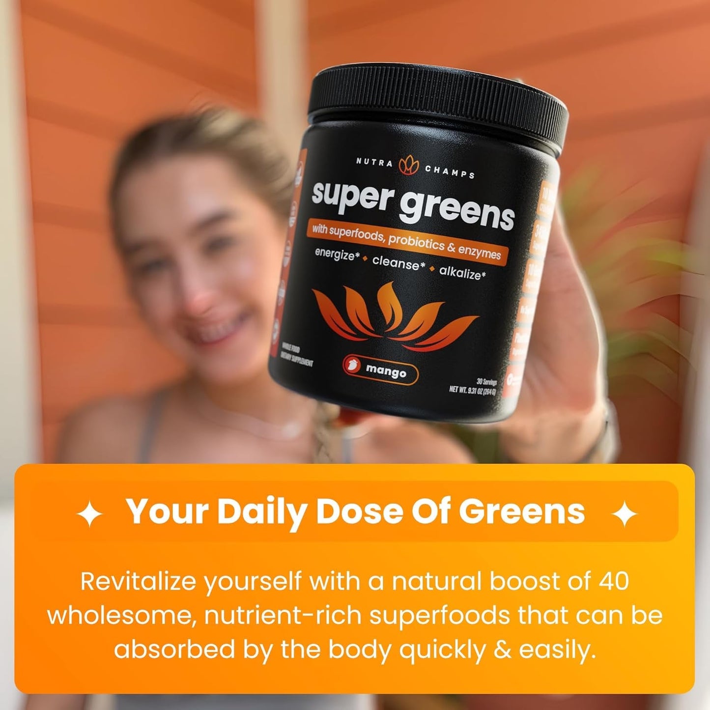 Green Food Supplement Powder with Probiotics and Mango Flavor