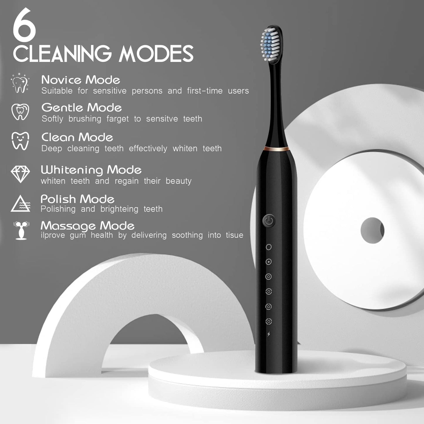 USB Rechargeable Electric Toothbrush 5 Modes, 4 Brush Heads, Smart Timer