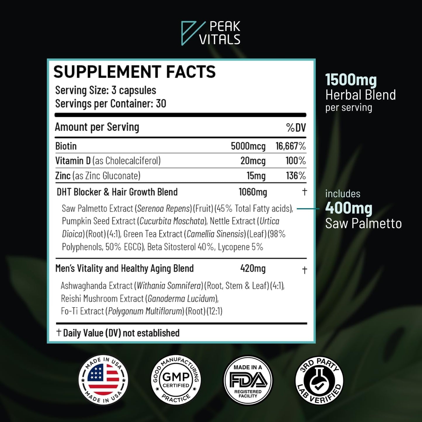 Natural Hair Growth Supplement for Men - 90 Capsules