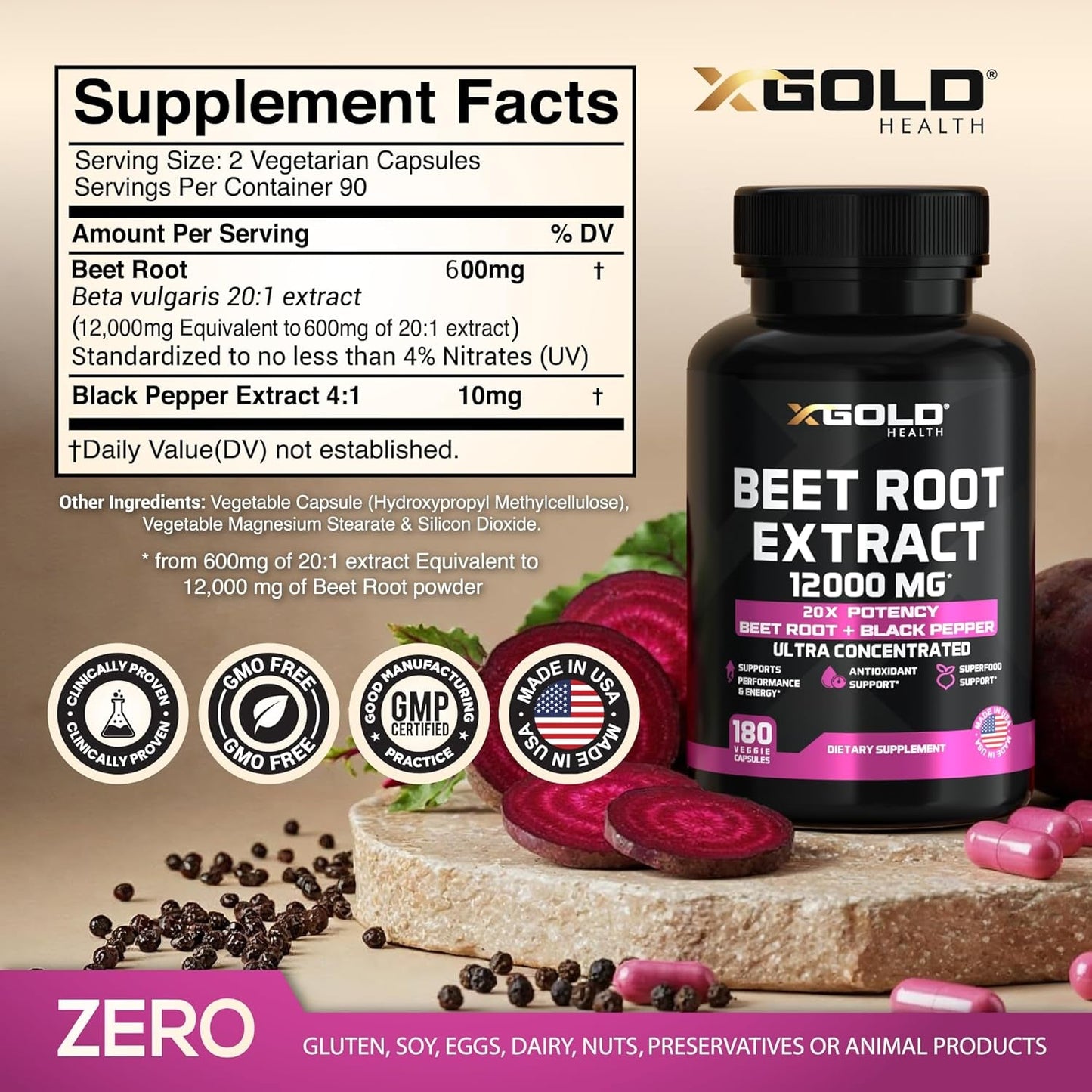 Premium Beet Root Supplement 12000mg - 180 Capsules