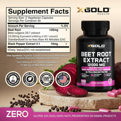 Premium Beet Root Supplement 12000mg - 180 Capsules