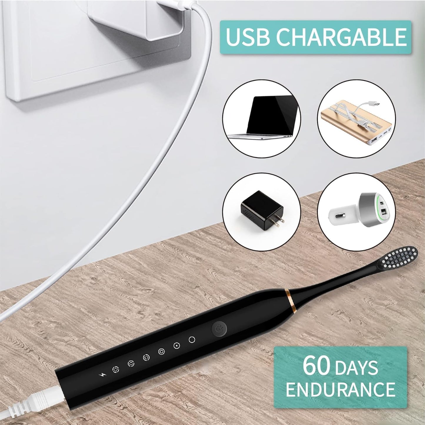 USB Rechargeable Electric Toothbrush 5 Modes, 4 Brush Heads, Smart Timer