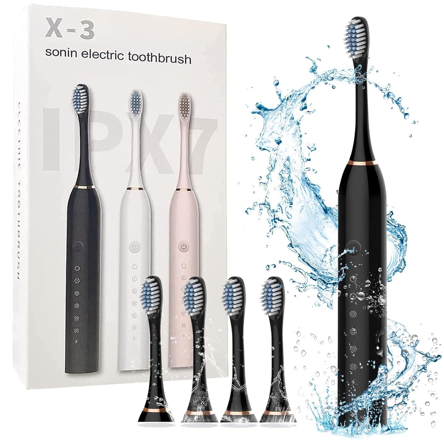 USB Rechargeable Electric Toothbrush 5 Modes, 4 Brush Heads, Smart Timer