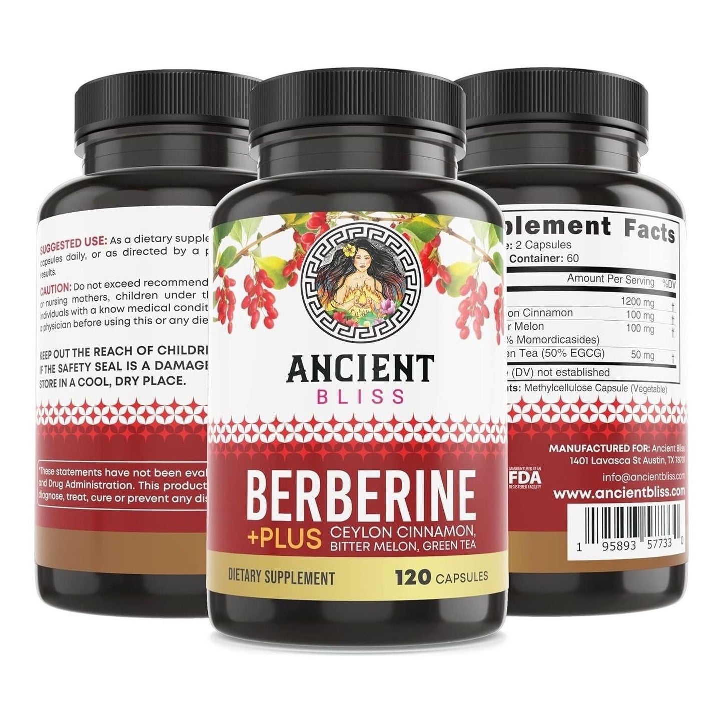 Natural Berberine HCL 1200mg with Cinnamon - 120 Capsules