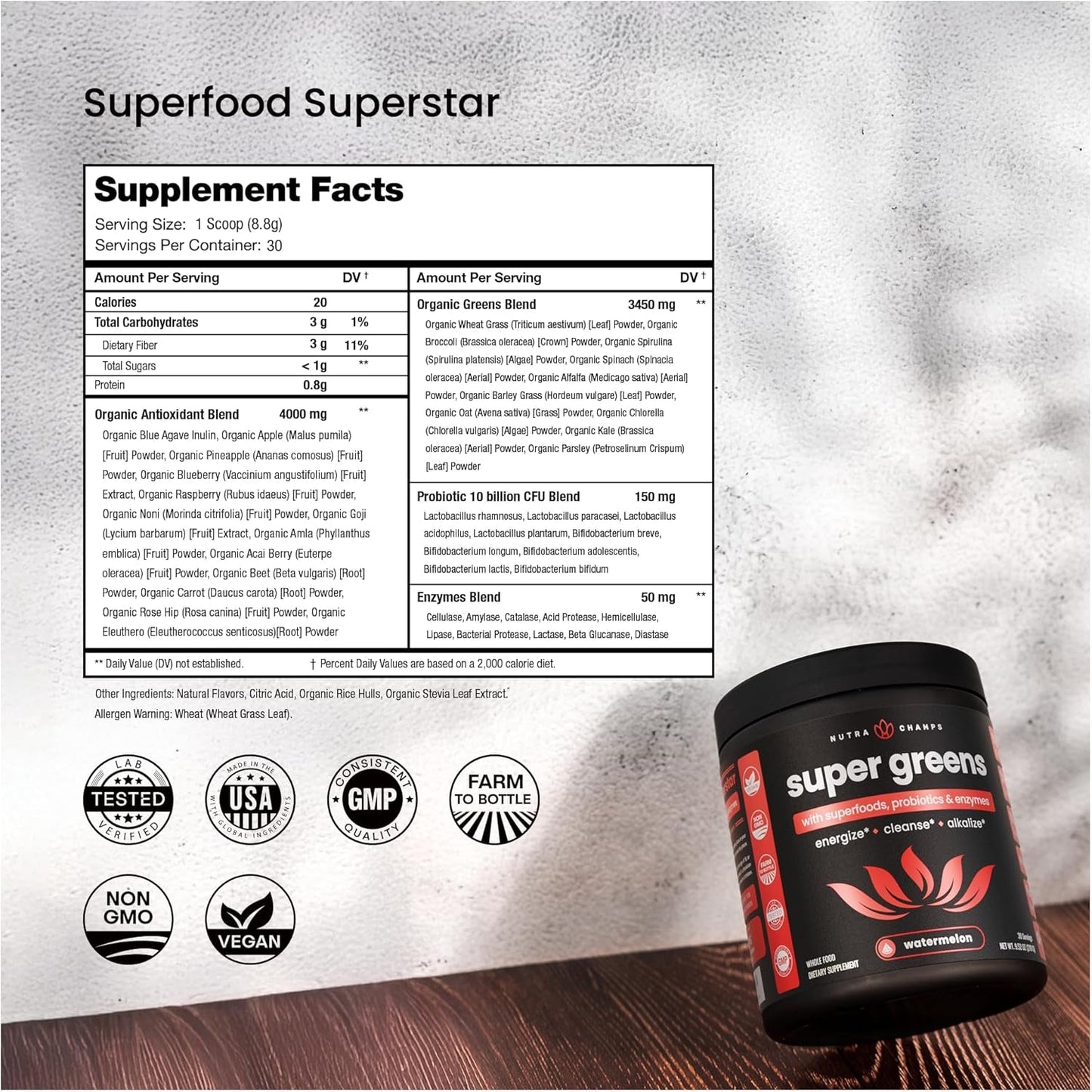 Green Food Supplement Powder with Probiotics and Enzymes