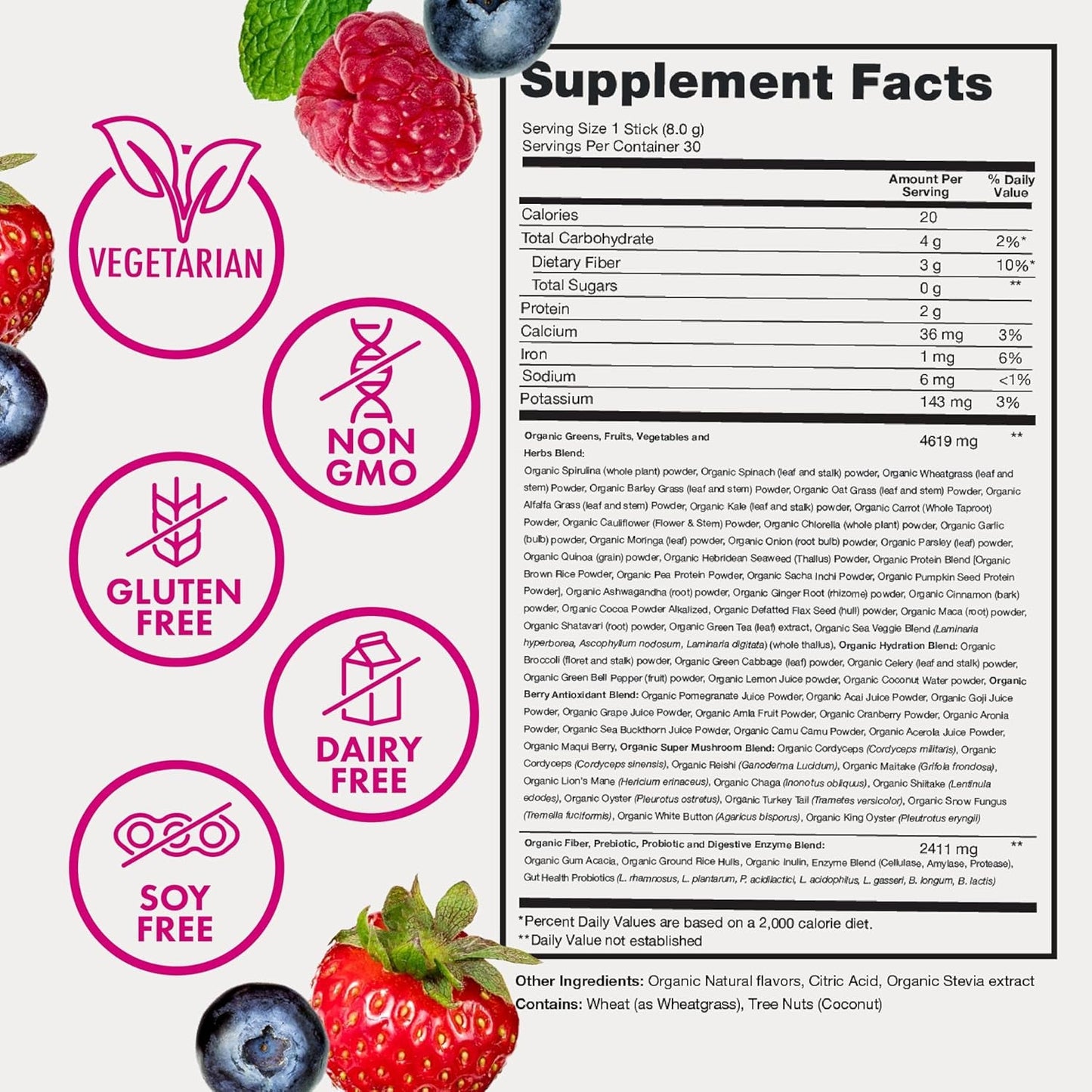 Green Food Supplement Powder - Berry Flavor, 30 Packs