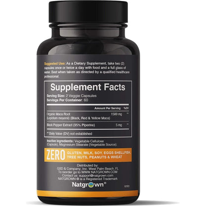 Pure Maca Root Supplement Capsules - 1500mg High Potency Energy Booster