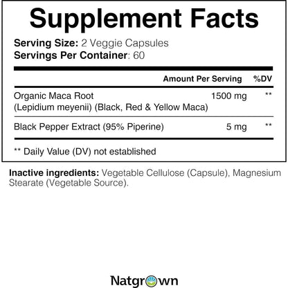 Pure Maca Root Supplement Capsules - 1500mg High Potency Energy Booster