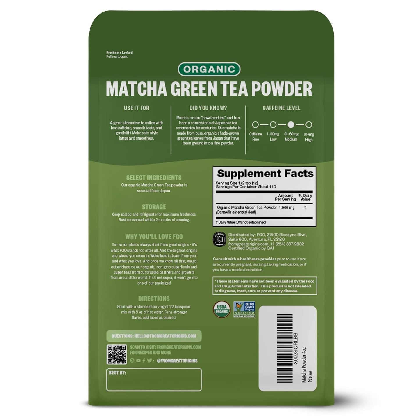 Natural Matcha Green Tea Powder - 113g Boost Energy