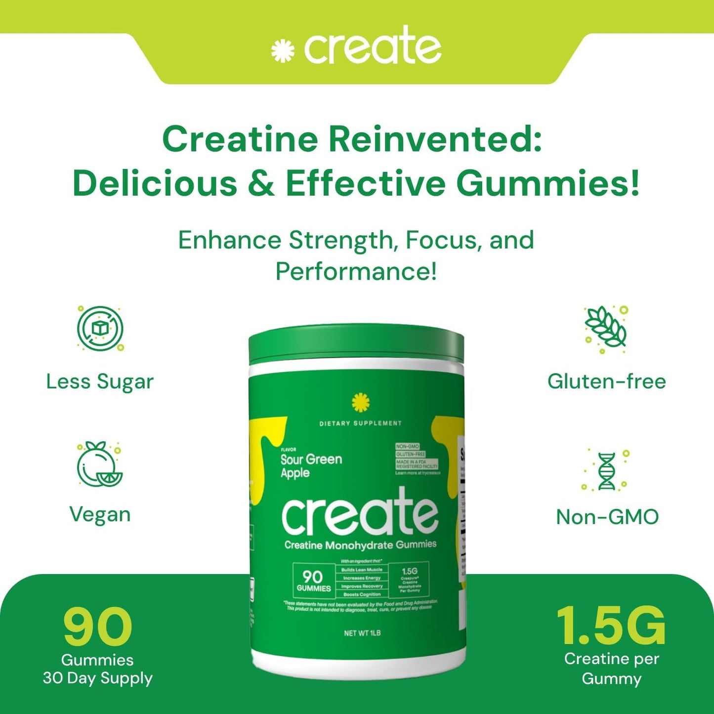 Strong Creatine Gummies - Green Apple, 90 Count