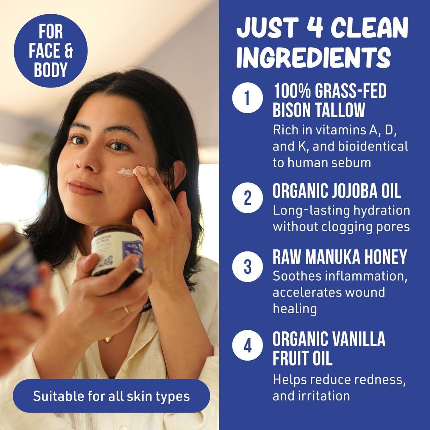 Natural Moisturizing Bison Tallow Skin Balm Vanilla 71g