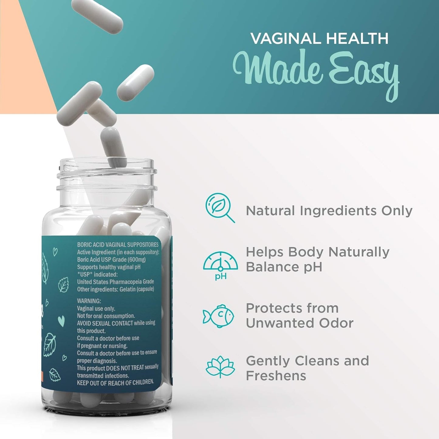 Natural Vaginal Health Suppositories 600mg, 30 Count