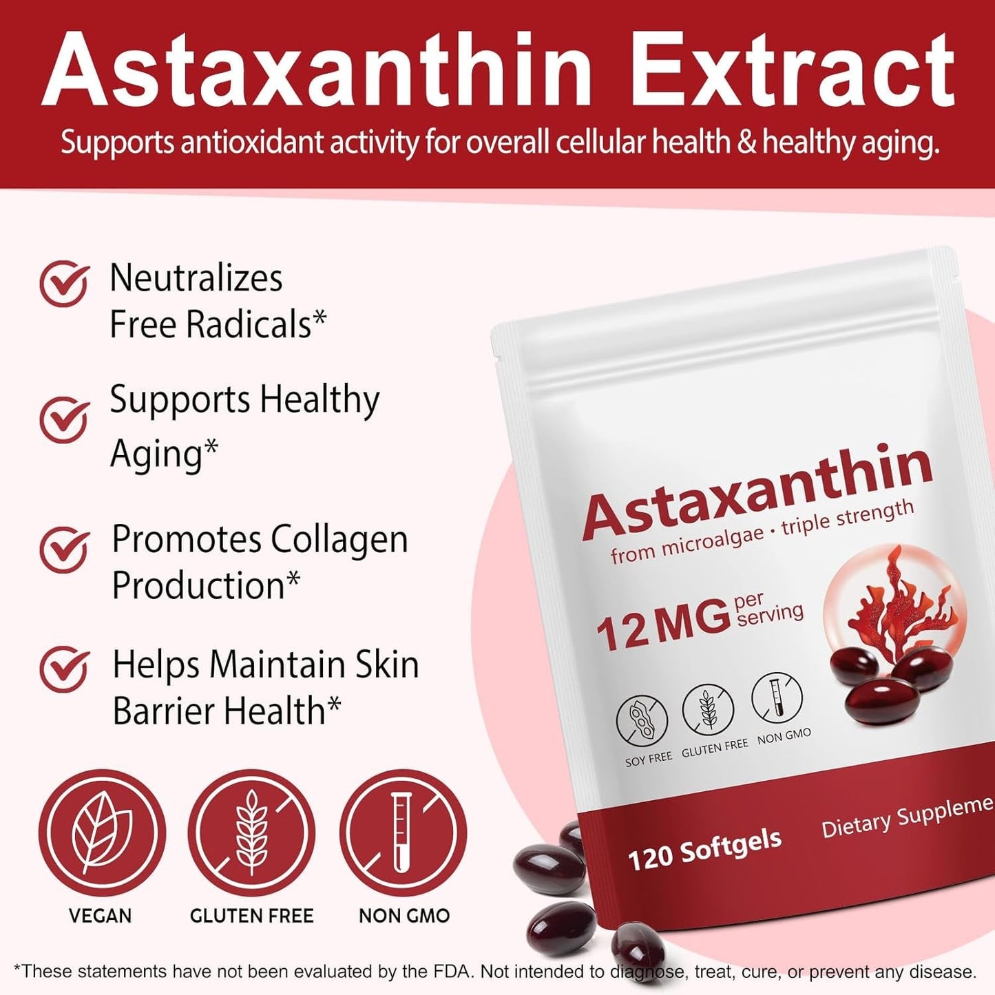 Natural Astaxanthin 12mg Softgels for Eyes and Skin