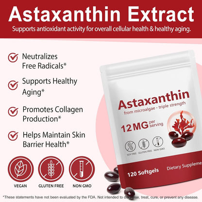 Natural Astaxanthin 12mg Softgels for Eyes and Skin