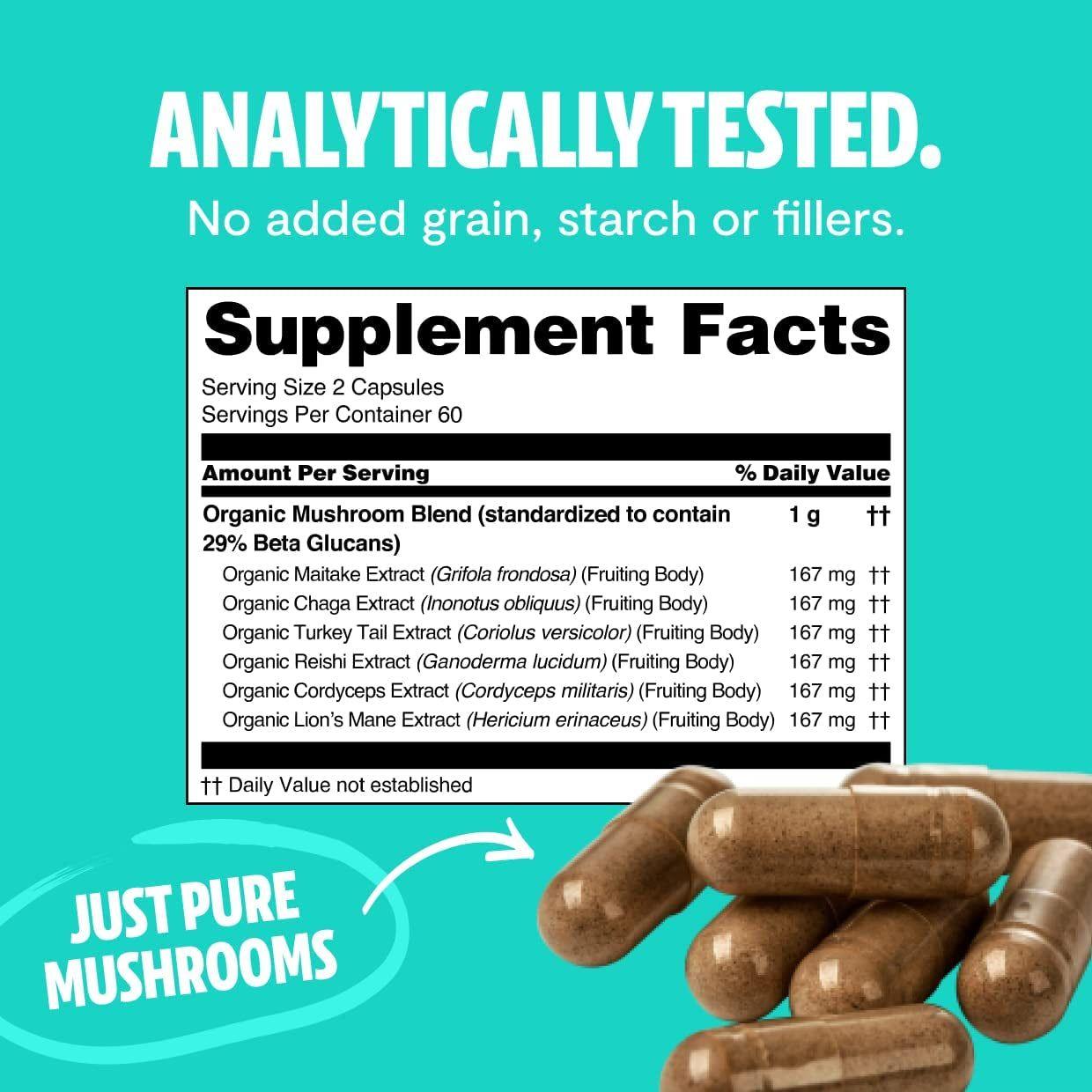 Natural Mushroom Supplement - 120 Capsules for Immunity Boost