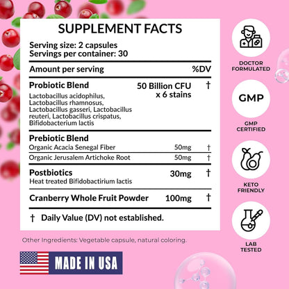Natural Vaginal Health Probiotics 50B CFU + Cranberry