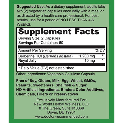 Powerful Berberine Supplement 1200mg - 120 Vegan Capsules
