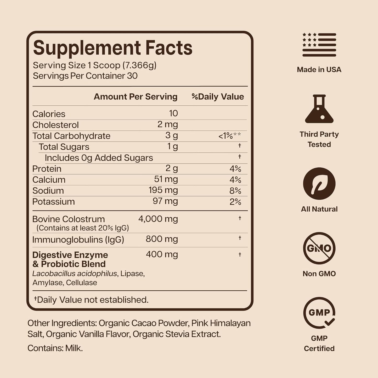 Natural Grass Fed Colostrum Powder with Probiotics Chocolate