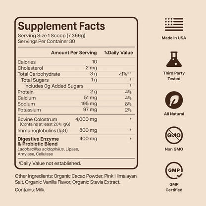 Natural Grass Fed Colostrum Powder with Probiotics Chocolate