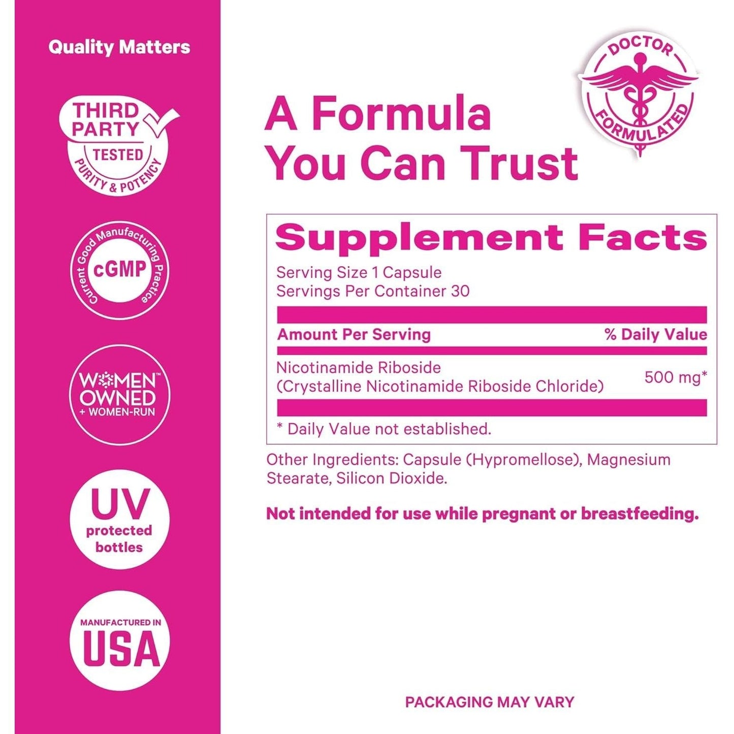 Natural Energy Supplement for Women 500mg NAD+ Capsules