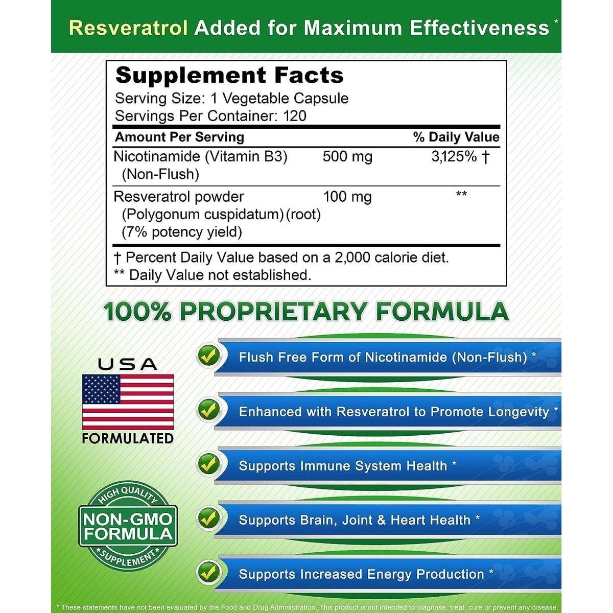 Vitamin B3 Nicotinamide Resveratrol Supplement 120 Caps