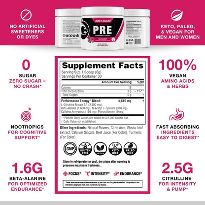 Natural Pre Workout Powder Wild Berry 180g Zero Sugar Booster