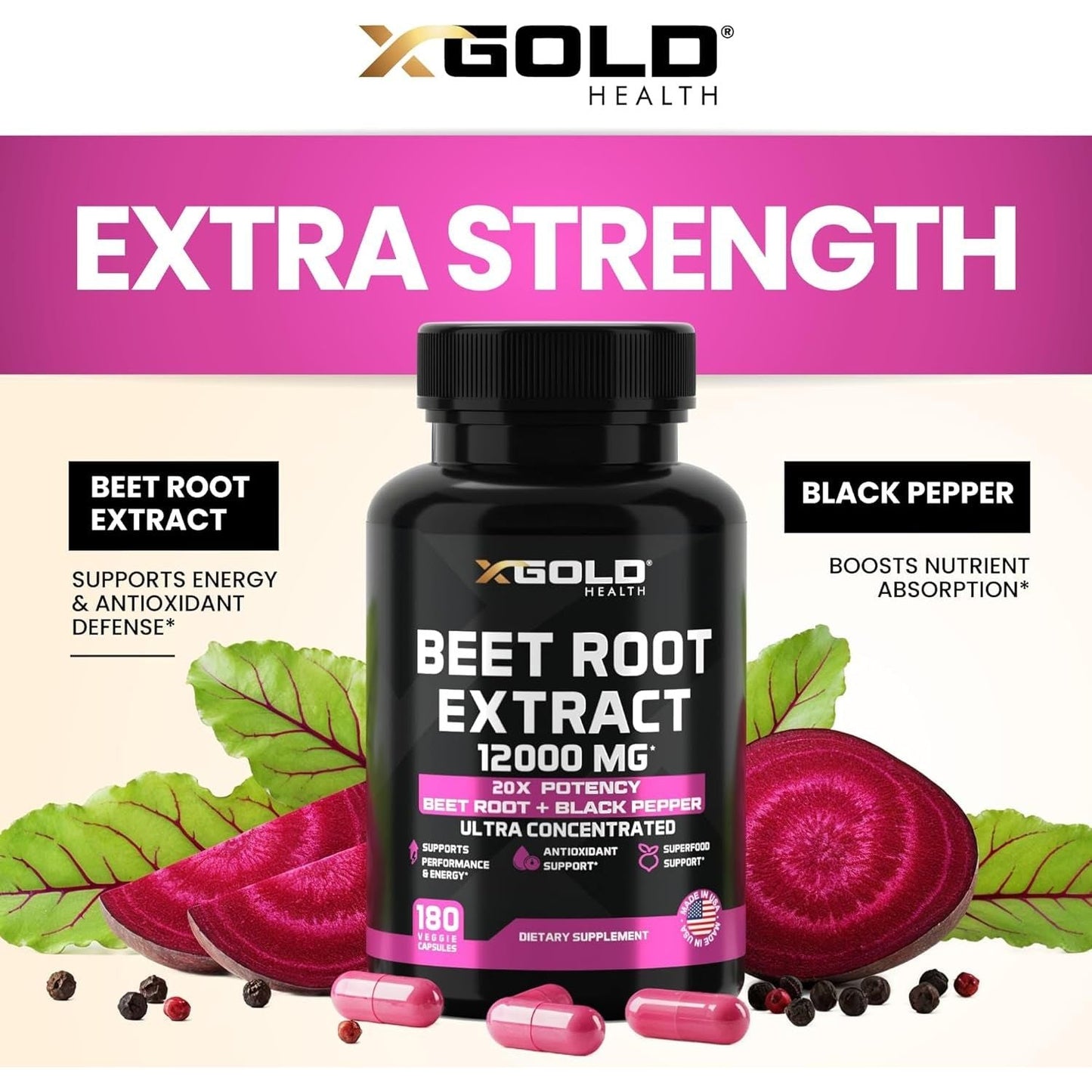 Premium Beet Root Supplement 12000mg - 180 Capsules