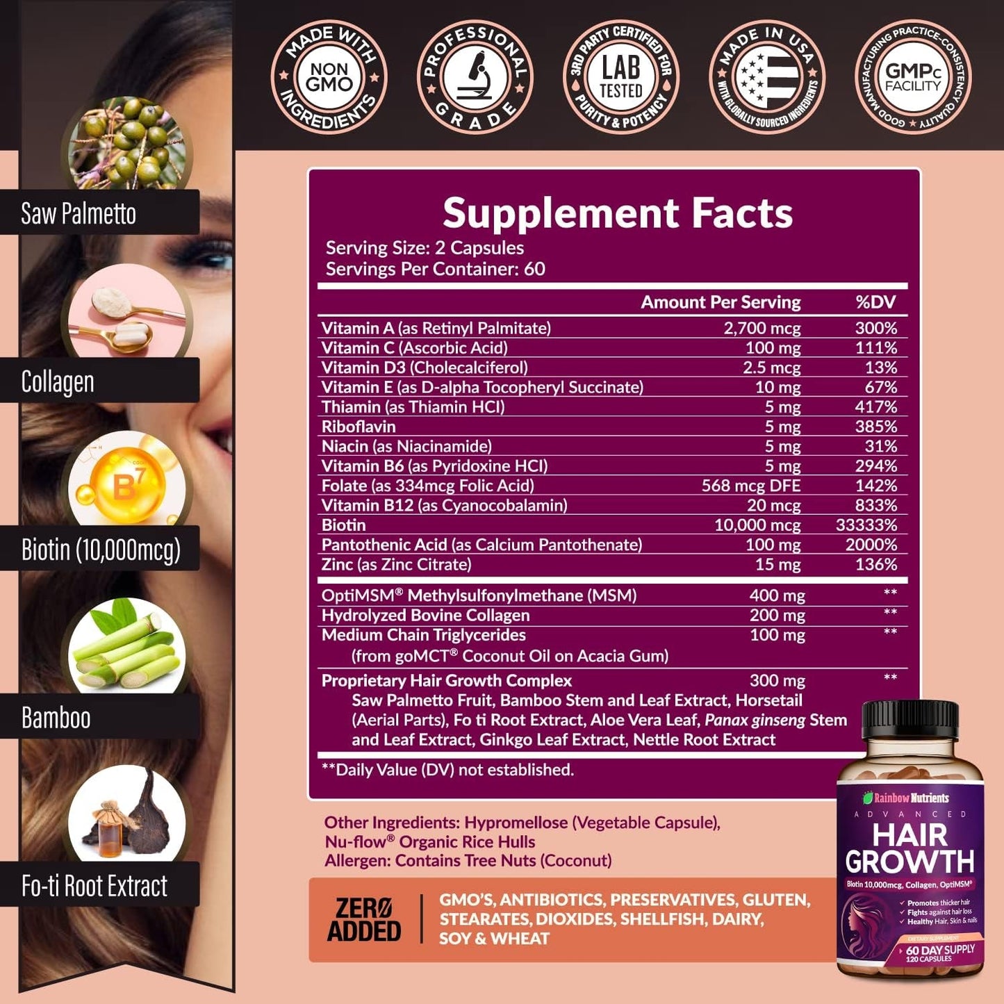 Natural Hair Vitamin Supplement - Biotin & Collagen Capsules