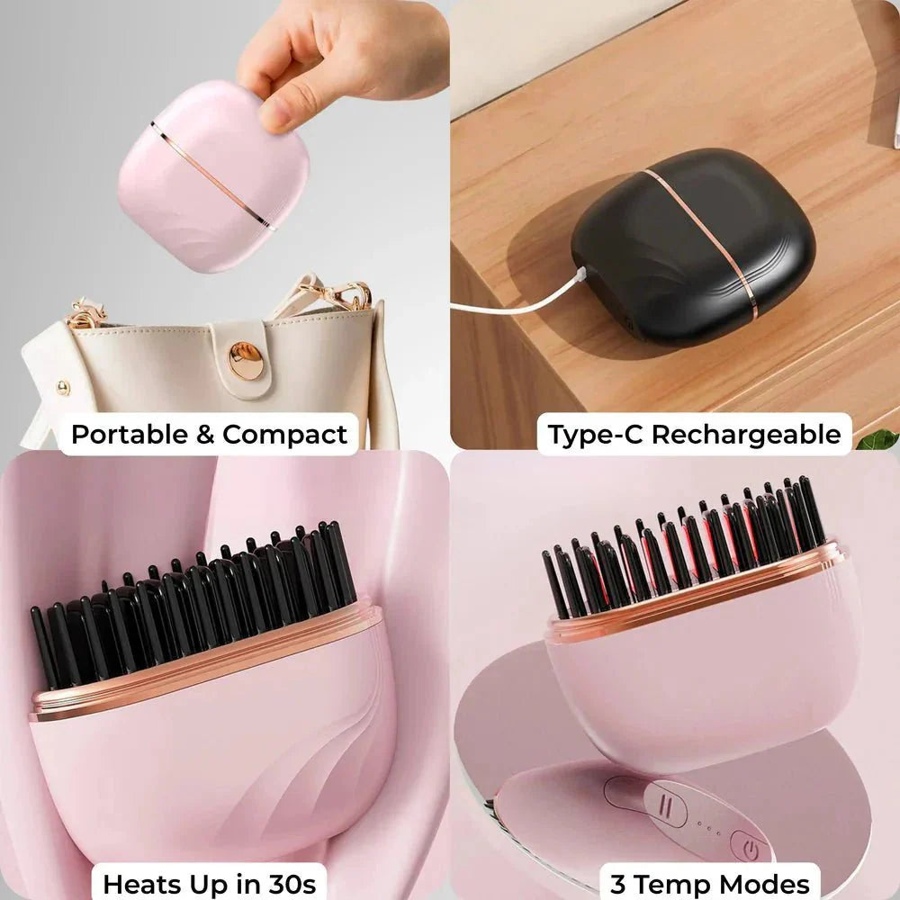 Mini Wireless Hair Straightening Comb – Anti-Scald, Fast Heating & Portable Smoother