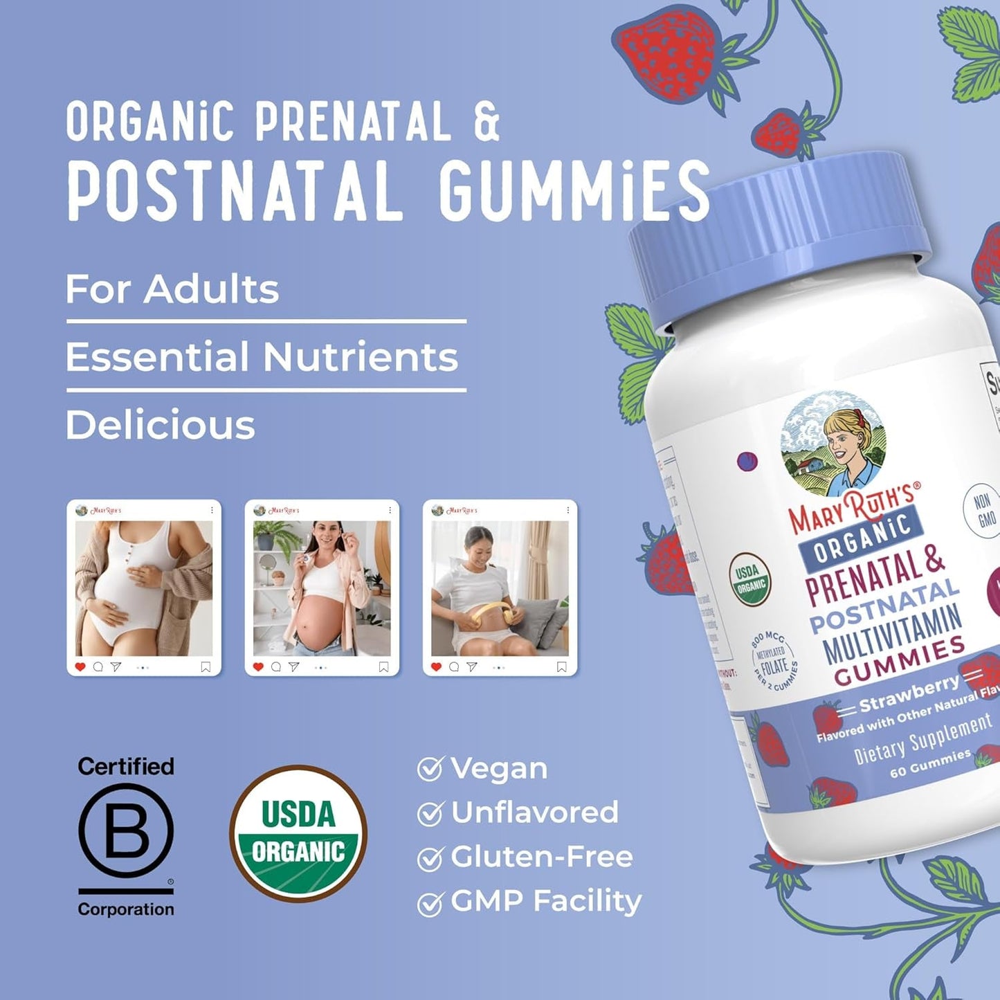 Natural Prenatal Postnatal Gummy Vitamins with Folic Acid