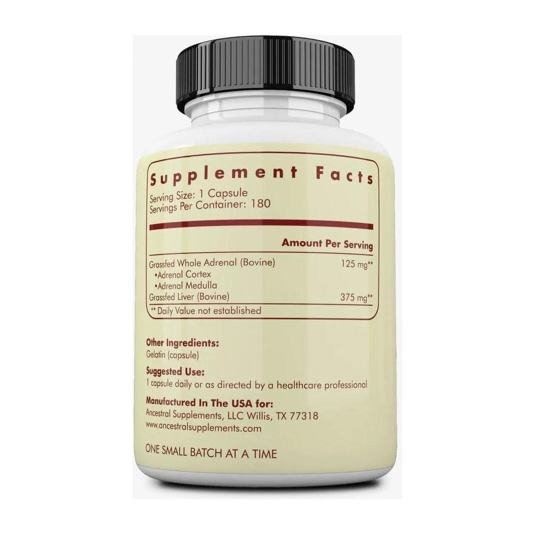 Pure Grass Fed Beef Adrenal Supplements - 180 Capsules Natural Energy