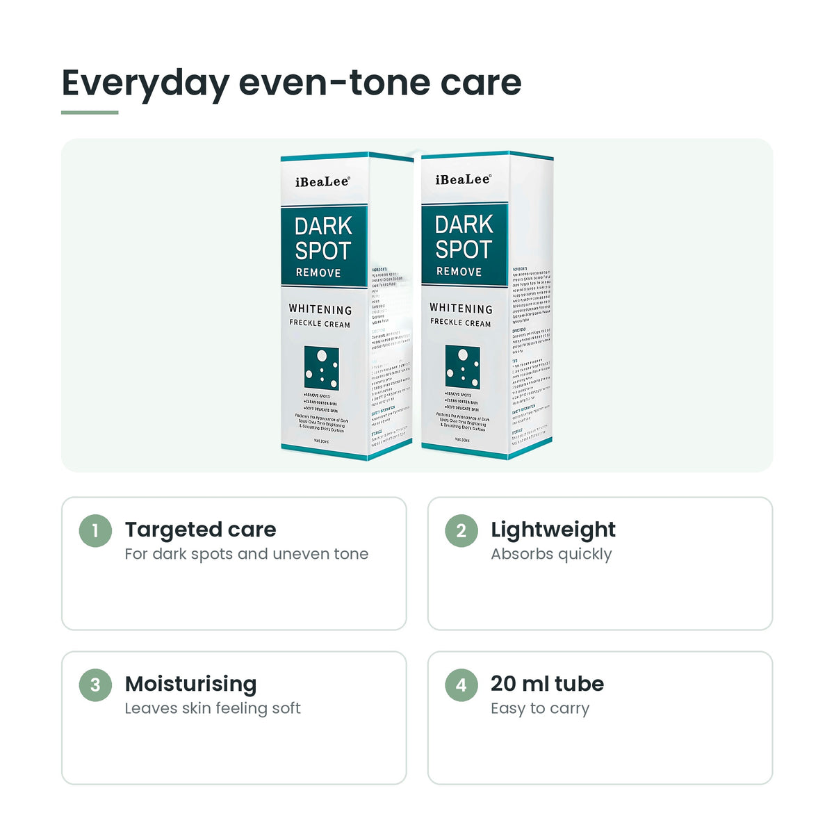 Dark spot cream key features: targeted care, lightweight, moisturising, 20 ml tube